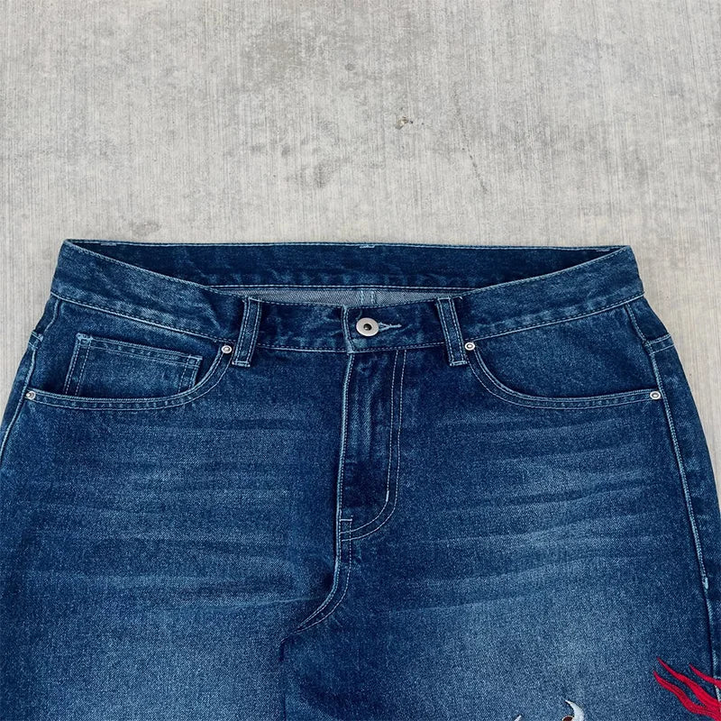 Y2K baggy Jeans Dragon Graffiti Embroidery High Waist Men Women Vintage Streetwear 2000s Harajuku Casual Loose Wide Leg Jeans