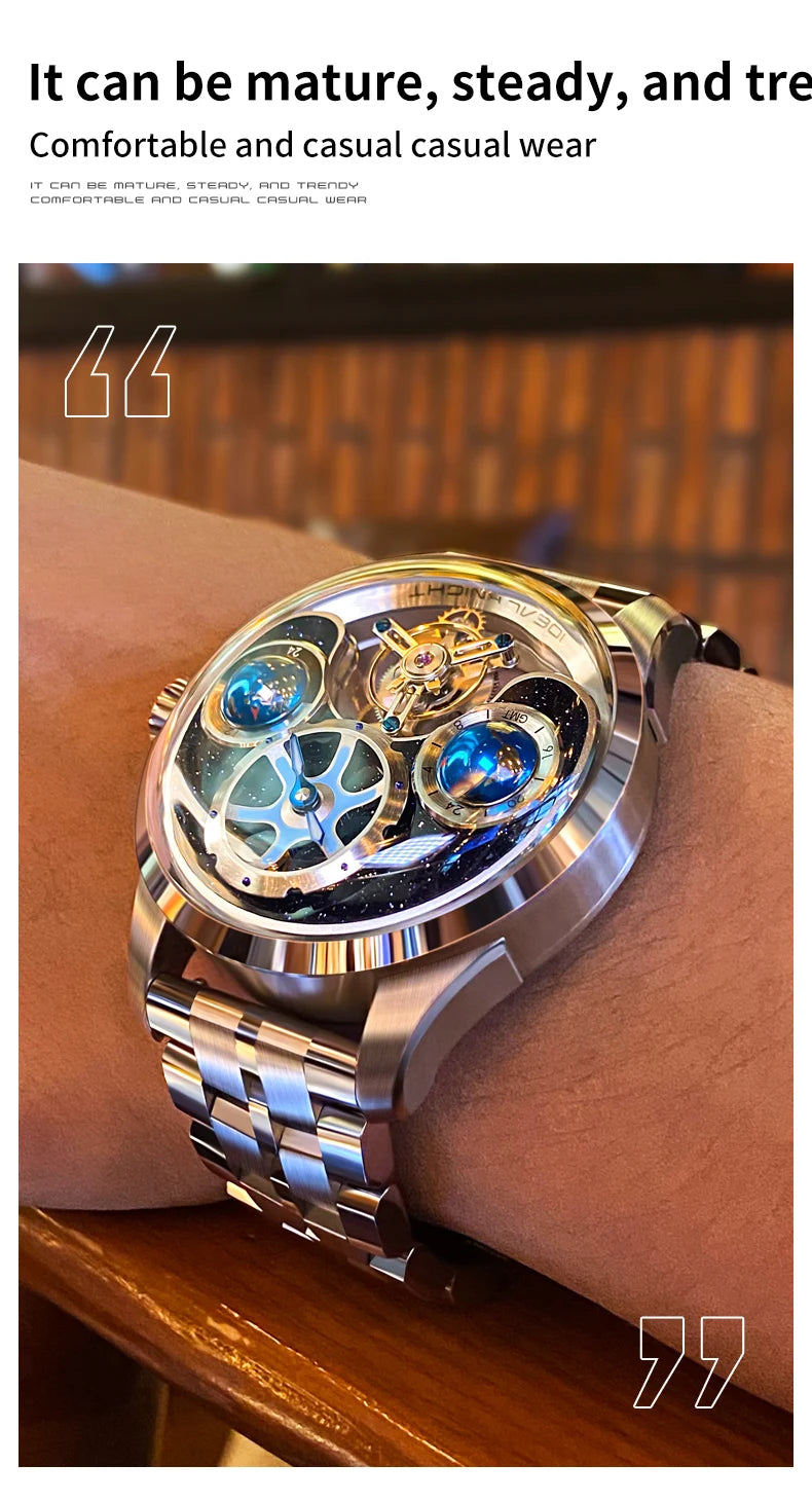 IDEAL KNIGHT Real Tourbillon Automatic Watches for Men 43mm Large Dial Blue Earth Series High-end Luxury Brand Mechanical Watch