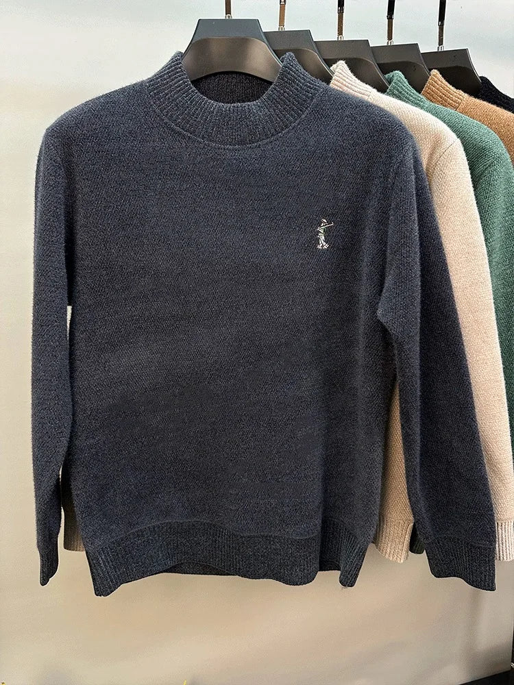 Luxury brand men's round neck knitted sweater fashion cartoon embroidery comfort warm plush autumn winter casual golf pullover