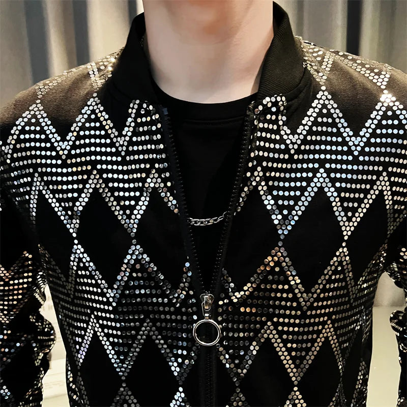 Y2K Men's Streetwear Night Club Stage Thin Motorcycle Jackets Fashion Men Hip Hop Sequined Bombers Jacket Coat Fashion Clothing