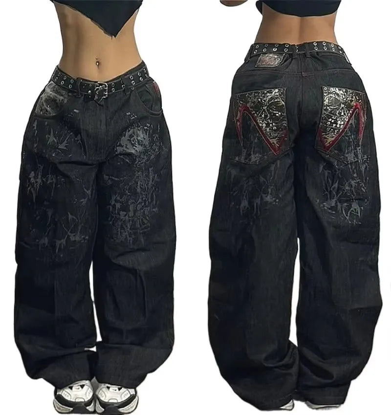 American Retro Hip-Hop Cherry Blossom Dragon Embroidery Baggy Jeans For Men and Women Y2K New Gothic Hip-Hop Casual Street Wear