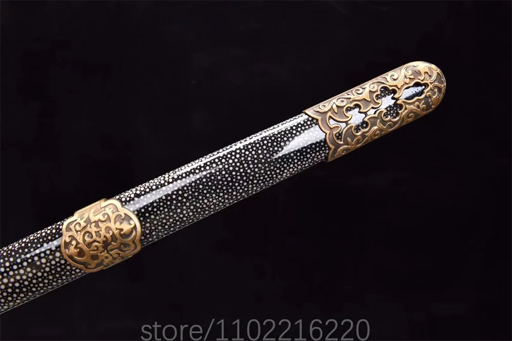 Real Kungfu Battle Sword Damascus Steel Blade Sword Chinese Qing Dynasty Jian Room Decoration Copper Parts Wrap Rayskin Sheath