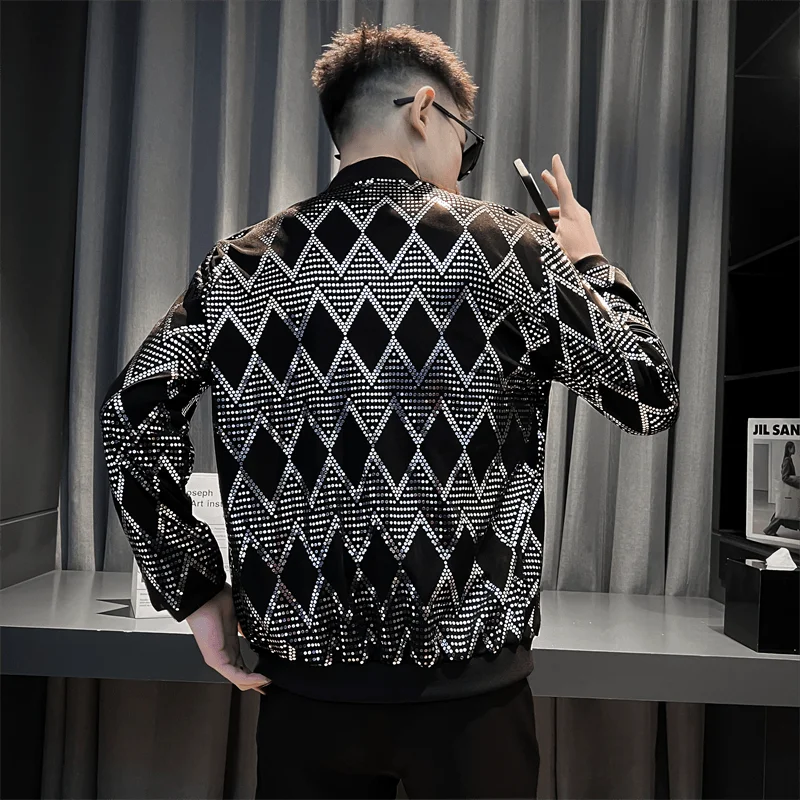 Y2K Men's Streetwear Night Club Stage Thin Motorcycle Jackets Fashion Men Hip Hop Sequined Bombers Jacket Coat Fashion Clothing
