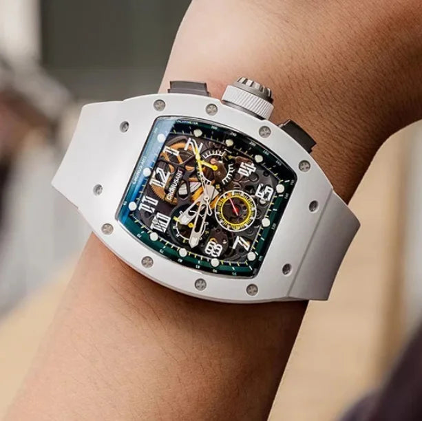 CRONUSART Men Chronograph Watch Tonneau Automatic Mechanical Wristwatch Sapphire Mirror Luminous FKM Strap Skeleton Dial