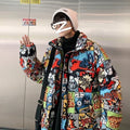 Hip Hop Graffiti Cartoon Print  Parkas Coats Men Streetwear Harajuku Mens Winter Thickend Warm Zipper Cotton Padded Jacket Women