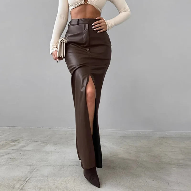 Women's Split Design Solid Color High Waist Pu Leather Skirt 2026 Spring Fall Office Lady Trendy Streetwear Long Skirts