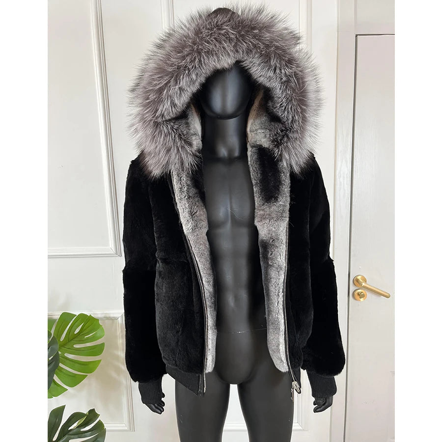 Men Rabbit Fur Coat Winter Short Real Rex Rabbit Fur Jacket With Hood Black Fur Coats Chinchilla Fur