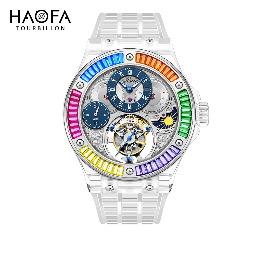 Haofa GMT Tourbillon Man Watch 2101 Luxury Rainbow Crystal Day And Night Manual Tourbillon Mechanical Men Watches Sapphire