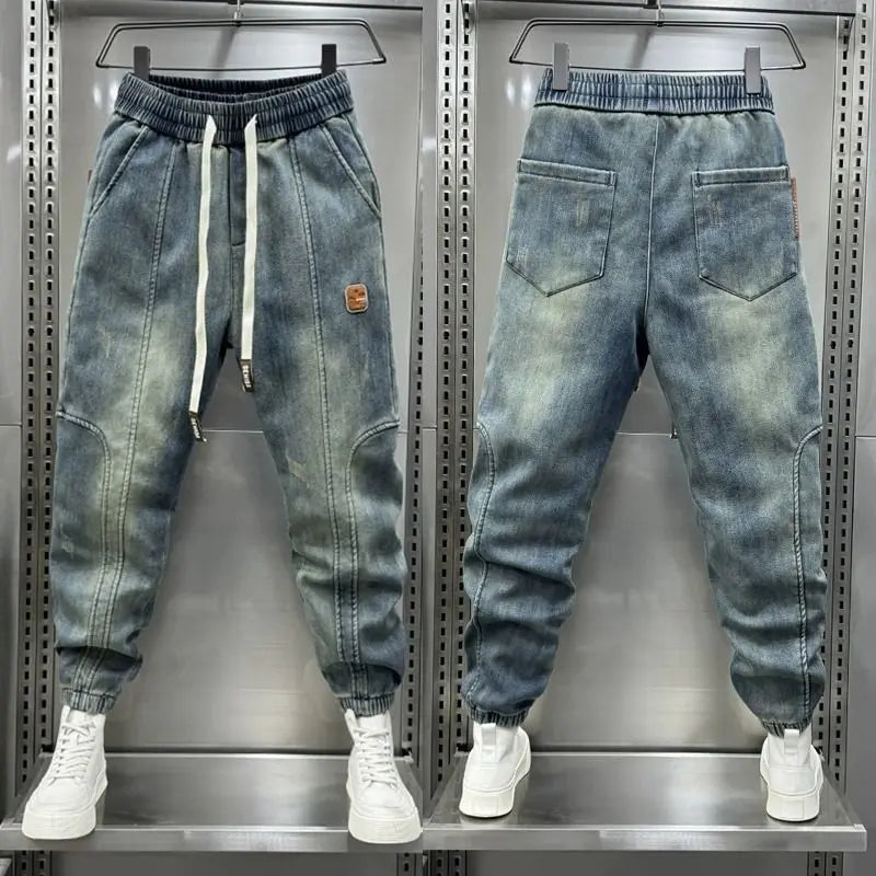 Retro stitching blue classic jeans fashion street harem pants top designer brand men clothing