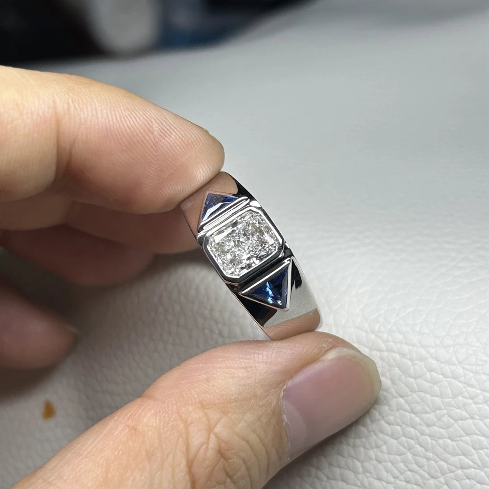 Men Ring 18K White Gold 1.5 Carats Radiant Cut D VS 12 Grams Lab Grown CVD Diamond Rings