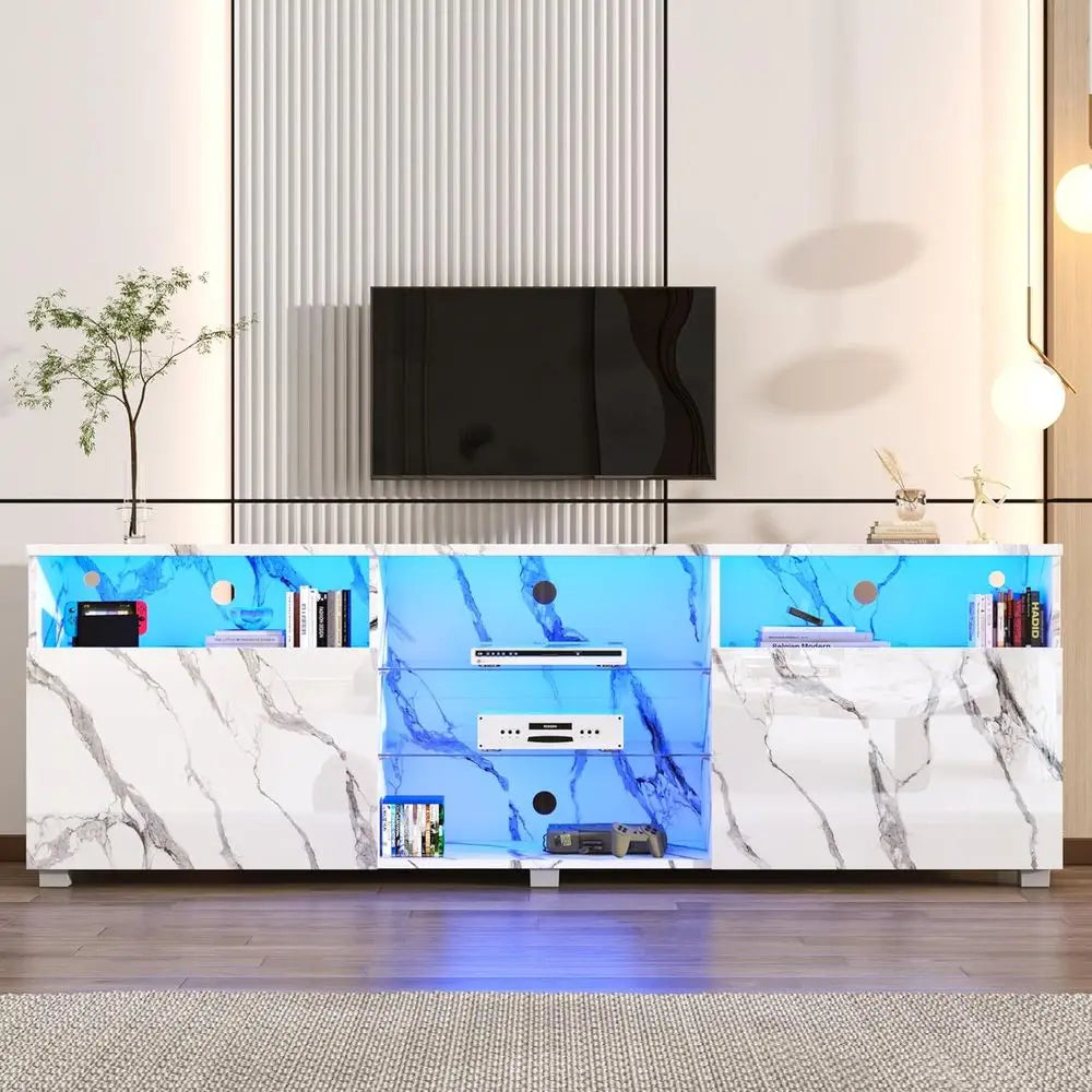 Modern 75/80 Inch LED TV Stand with Center Media Console, LED Lights, High Gloss Entertainment Center for Living Room or Bedroom