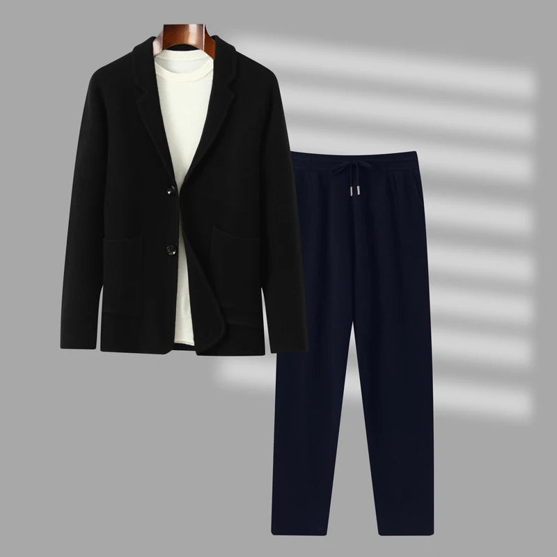 100%Cashmere Suit Men's Suit Collar Knitted Cardigan Business Casual Coat High Waisted Knitted Shorts Winter Thick Two-piece Set