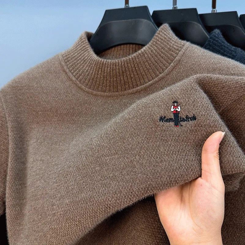 Light luxury brand round neck sweater knitted plush thicken warm pullover cartoon character embroidery fashion golf men's wear