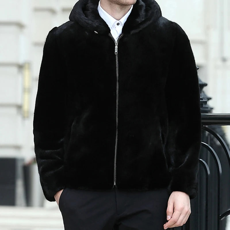 Real Men Mink Fur Coat With Hood Winter Warm Full Pelt Fur Classic Black Color Luxurious Thick Mens Coats 2023 Outwear Jacket