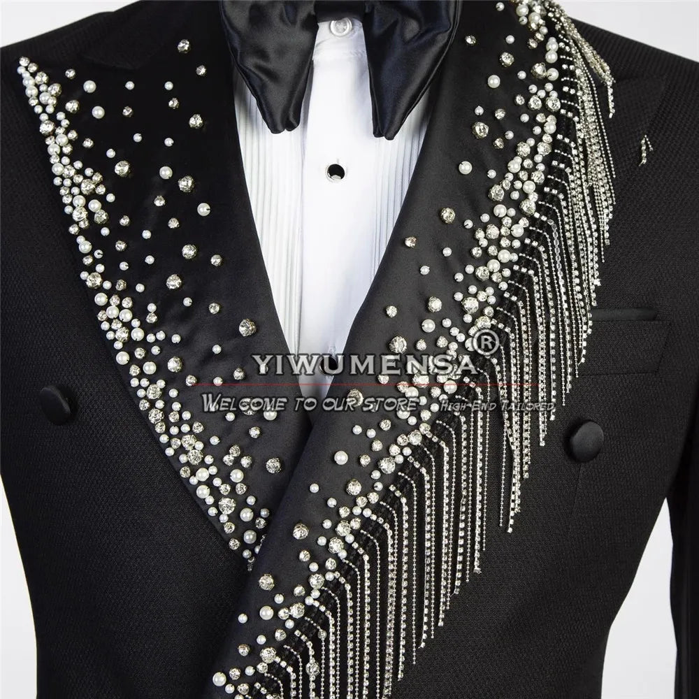 Luxury Jewelry Ornament Beaded Suits Men For Wedding Double Breasted Jacket Pants 2 Pieces Groomsman Tuxedo Customized Man Dress
