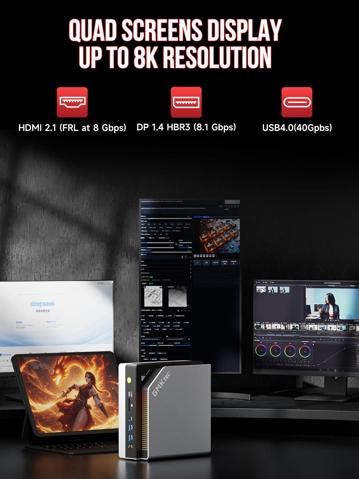 EVO-X2 GMKtec AI Mini PC AMD Ryzen Al Max+ 395 128GB LPDDR5X 8000MHz (16GB*8)M.2 2280 SSD WIFI7 BT5.4 USB4 Mini Gaming Computer