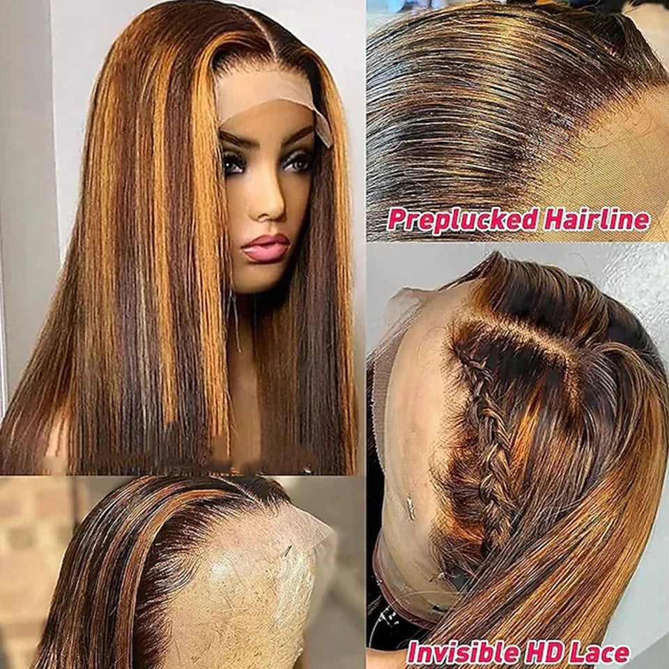 Megeen 13X4 Transparent Lace Frontal Wig Highlight P4/27 Human Hair Honey Blonde Straight Lace Front Wig Colored Ombre Wigs Remy