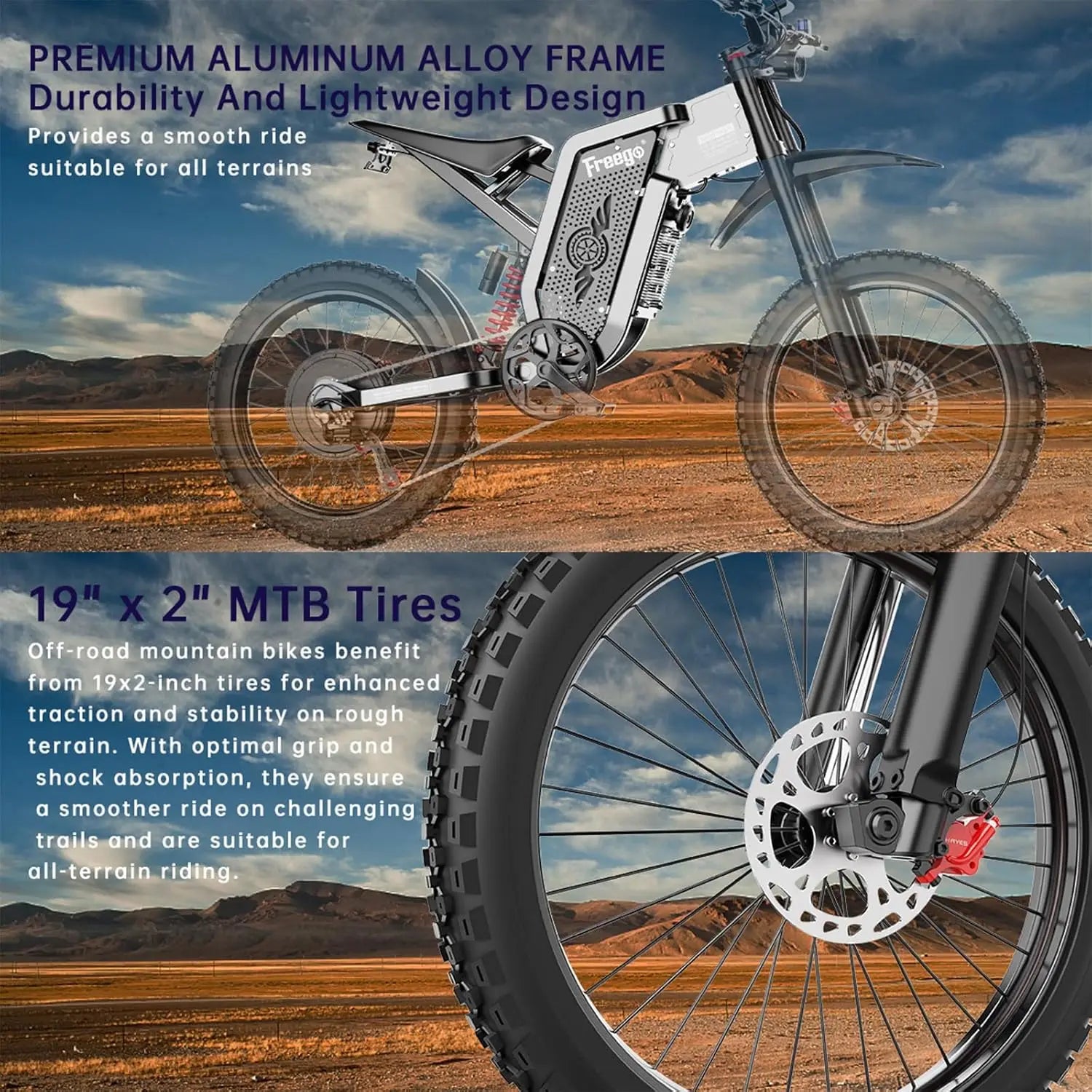 Freego X2 Electric Dirt Bike 6000W Motor 60V 30Ah Removable Battery Max 50Mph E-Bike 19" x2" Tire Off-Road Motorcycle for Adults