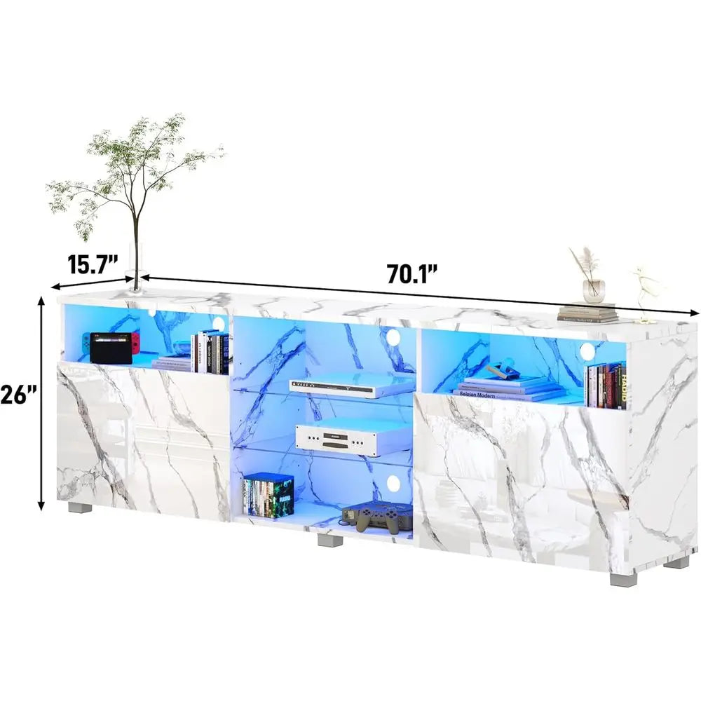Modern 75/80 Inch LED TV Stand with Center Media Console, LED Lights, High Gloss Entertainment Center for Living Room or Bedroom