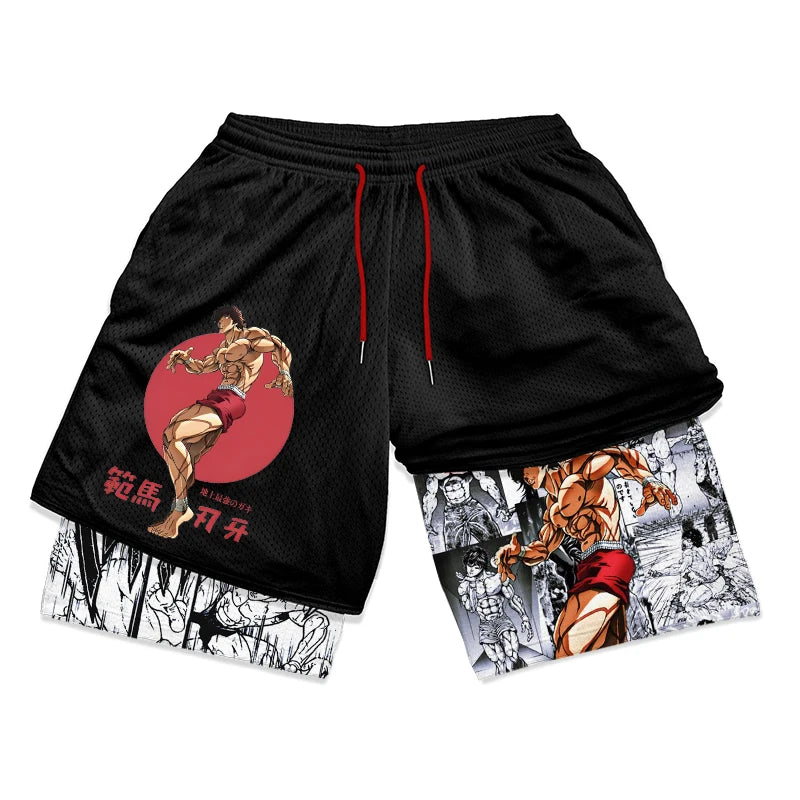 Anime Baki Hanma Gym Workout Shorts for Men Athletic Quick Dry 2 in 1 Compression Shorts Cosplay Costume