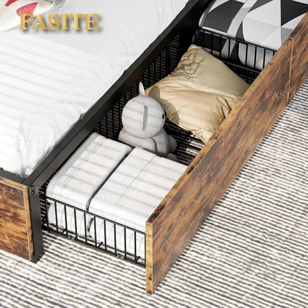 Queen Size Bed Frame, 4 Drawers And Heavy Strong Metal Support Frames
