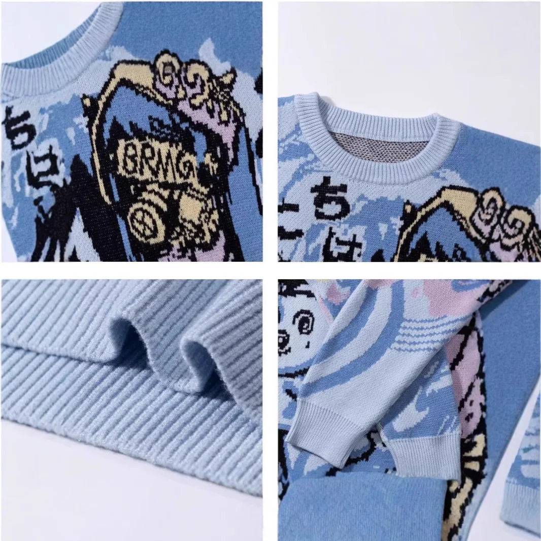 Loose Long Sleeve round Neck Knitted Sweater High Street Trendy Brand Men's Cartoon Couple Casual Breathable Elastic