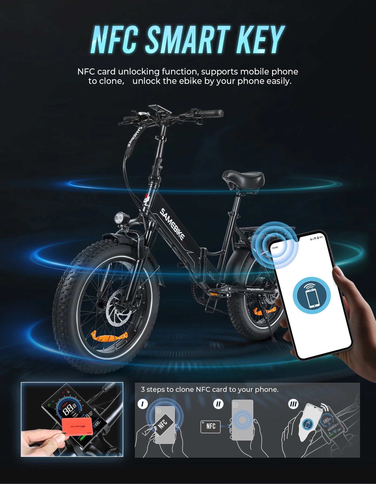 SAMEBIKE LOTDM200-II NFC Smart Key Electric Bicycle 750W 48V13AH Folding Electric Bike 20*4.0 Inch Fat Tire Mountain E-Bike
