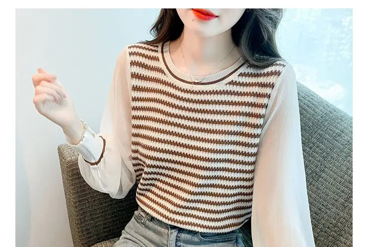 Patchwork Striped Fake Two Pieces Blouse Spring Autumn Long Sleeve O-neck Korean Shirt Tops Fashion Temperament Women Clothing