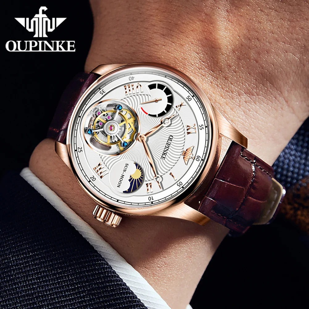 OUPINKE Men's Watch Top Luxury Fashion Original Tourbillon Mechanical Watch for Man Leather Strap Sapphire Mirror Moon Phase