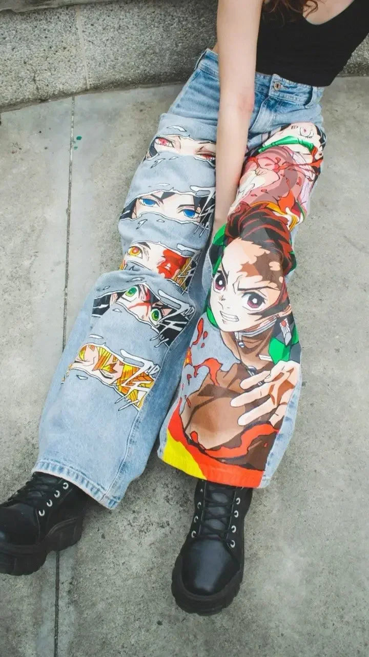 Anime Sexy Girl Print Blue Baggy Jeans New Style Wide Leg Trouser Y2k Harajuku Popular Streetwear Men Women High Waist Pants