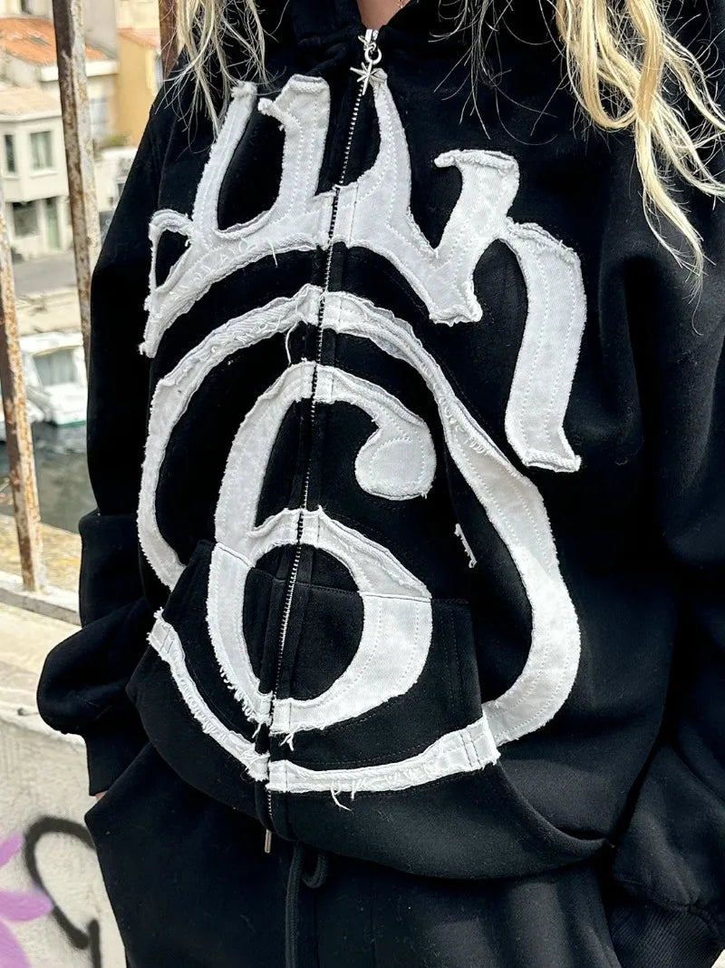 Y2K Clothing New Fashion Letter Embroidery Patch Zipper Hooded Sweater Men Gothic Harajuku Hip Hop Popular Casual Sweatshirt