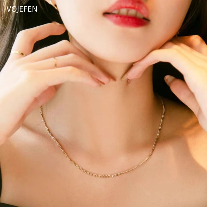 VOJEFEN 14K Solid Gold Necklace Genuine 585 Pure Gold Cuban Chains Luxury High Quality Designer Jewelry Women/Mens Accessories