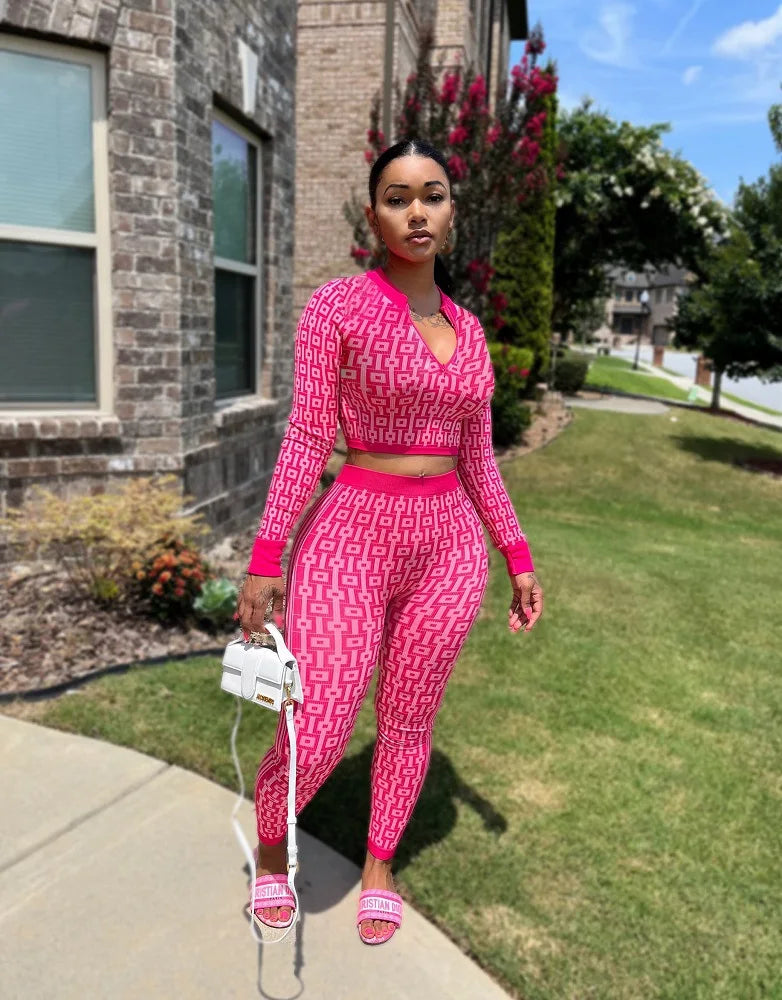Autumn And Winter Women's Stretch Knitted Printed Women's Suit Long-sleeved Tight Sports Yoga Two-piece Set For Women