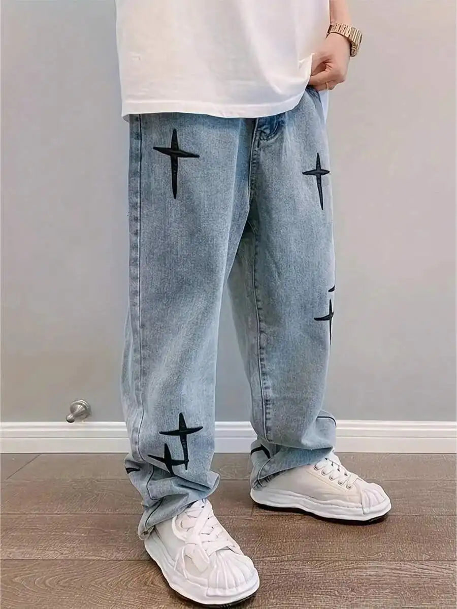 Mens Loose Straight Fit Cross Print Casual Denim Jeans