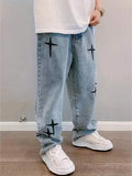 Mens Loose Straight Fit Cross Print Casual Denim Jeans
