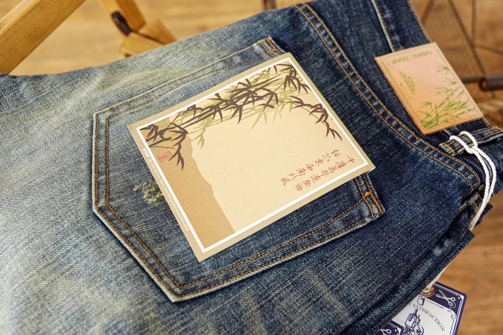 Sauce zhan Bamboo shaped yarn Mens Jeans Selvedge Denim Jeans Distressed Wash jeans for men Straight Fit 14 Oz