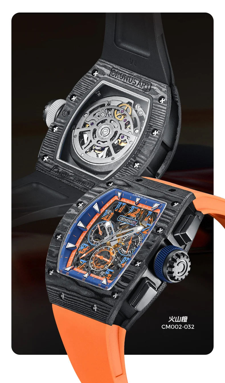 CRONUSART Men Automatic Watch 50MM Chronograph Tonneau Mechanical Wristwatch Sport Carbon Fibre Case Luminous Fluororubber Strap