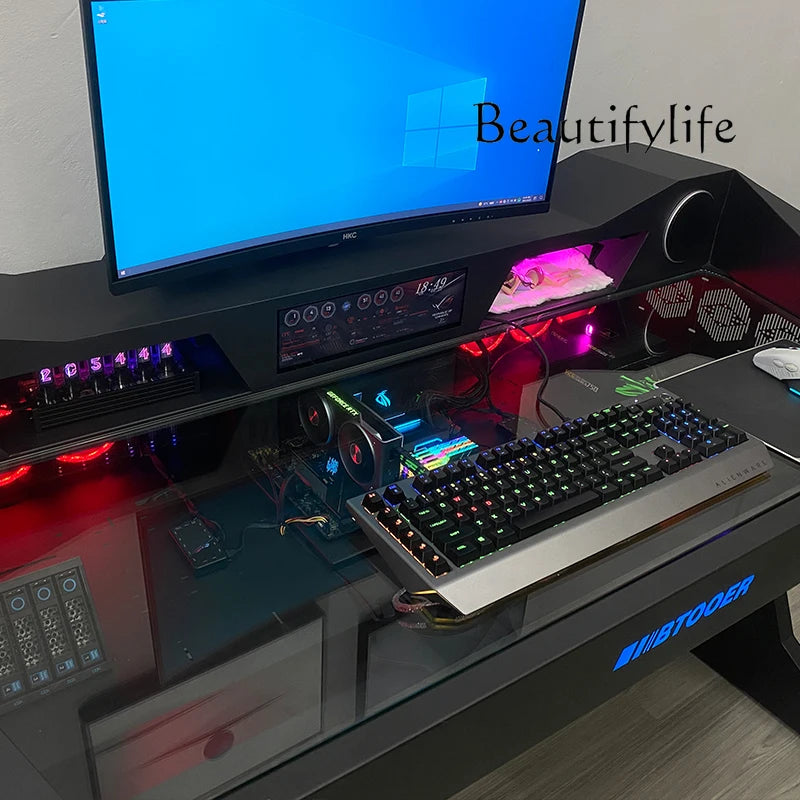 Computer chassis integrated table fully transparent water-cooled large chassis special-shaped computer table e-sports table