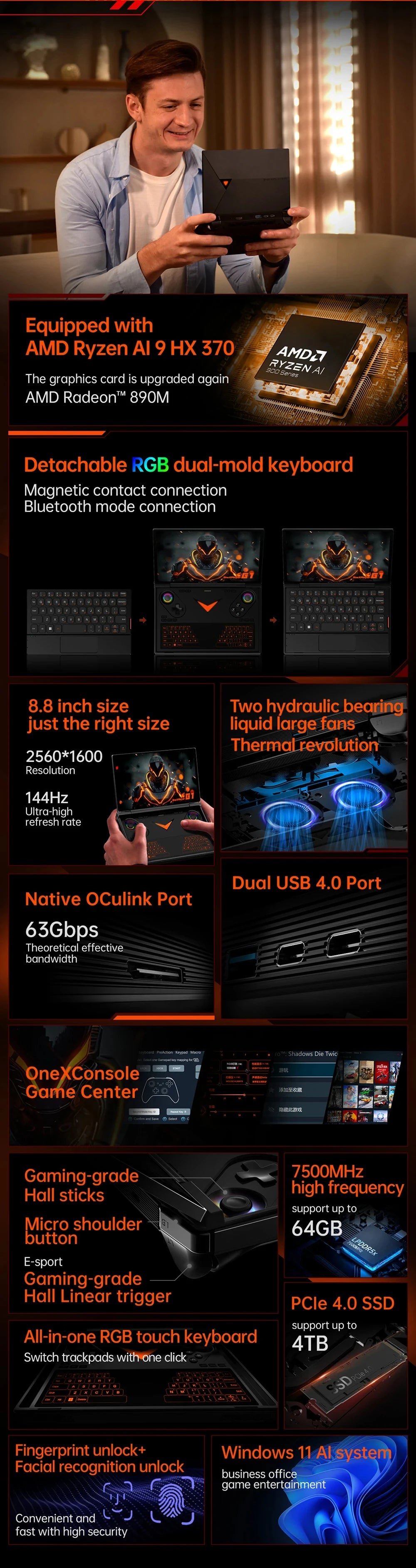 OneXPlayer G1 8.8" AMD Ryzen AI 9 HX 370 Handheld Gaming Console 2-in-1 Laptop Portable UMPC with Magnetic Keyboard