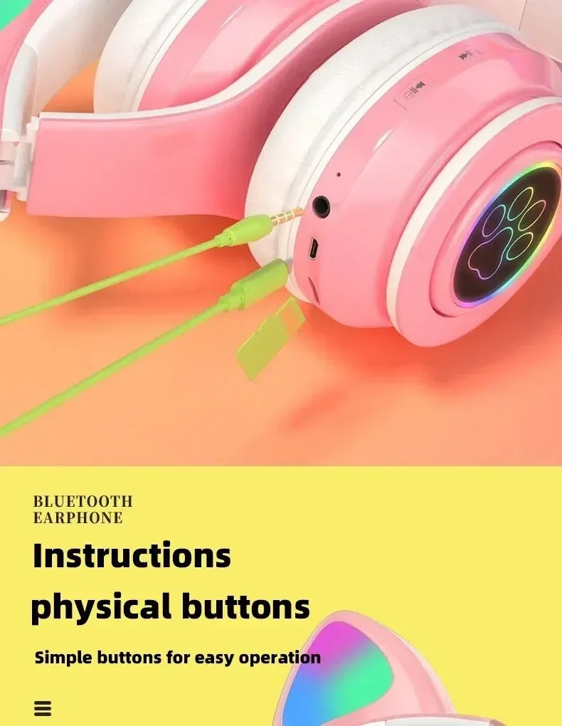 Cute Cat Wireless Headphones RGB Cute Cat Ears Headset With Microphone Noise Cancelling Kid Stereo Music Children's Gifts