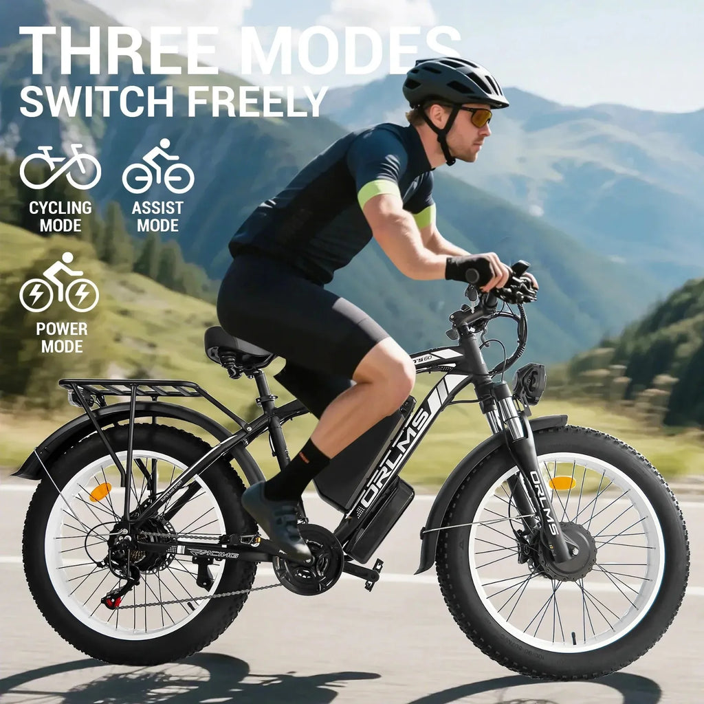 3000W E-Bike 60V 25Ah Dual Motor 38 MPH 26" Fat Tire Electric Bicycle for adults