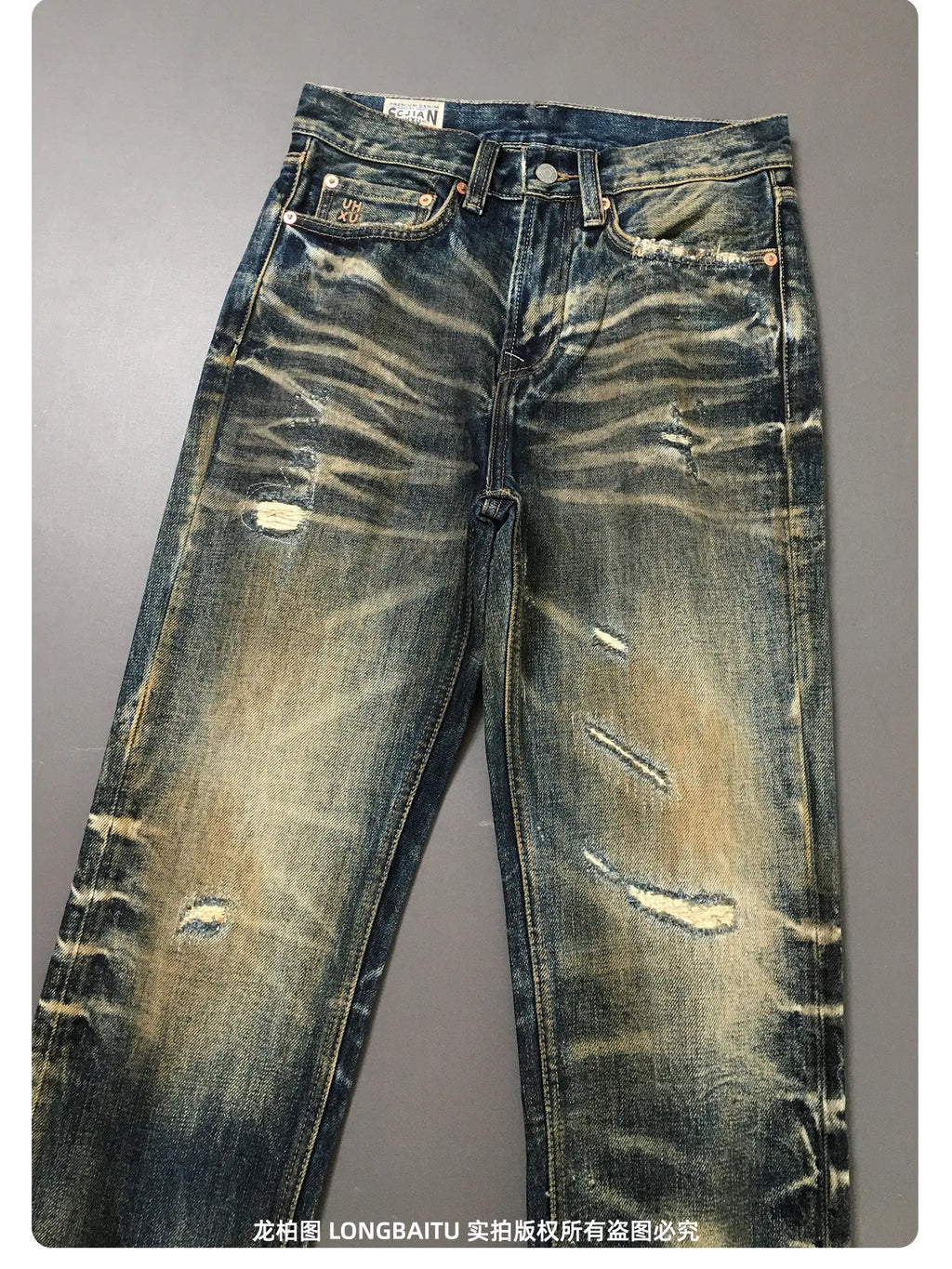 Heavyweight American Retro 100% Cotton Jeans for Men High-Street Ripped and Patched Non-Stretch Premium Loose Straight-Leg Pants