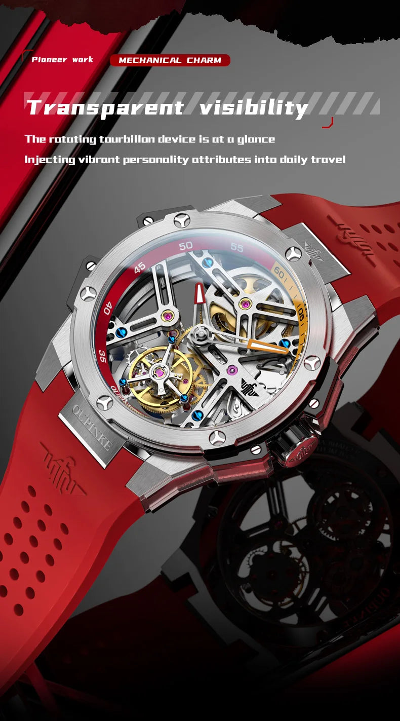 OUPINKE 8003 Tourbillon Watch Luxury Brand Automatic Mechanical Watch Original Waterproof Silicone Men's Watch Reloj Hombres