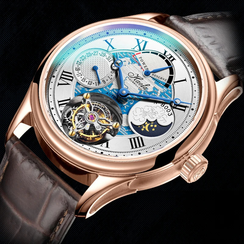 Haofa Automatic Flying Tourbillon Movement Watch Man Luxury Sapphire Skeleton Moon Phase Complete Calendar Watches For Men 8003