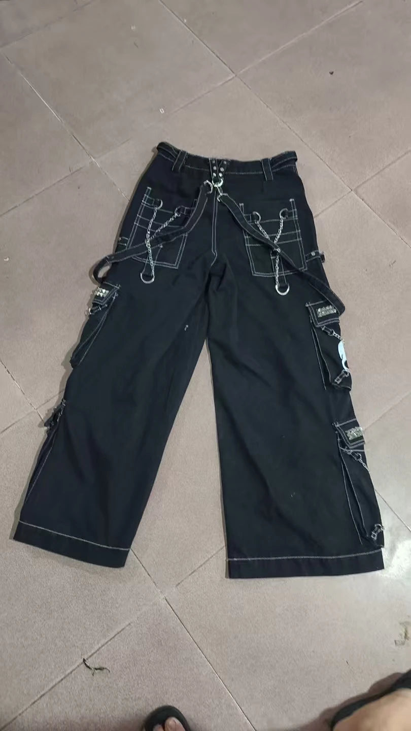 Street fashion chain brand Skull Bone Design jeans retro Harajuku style men's wide leg pants street rock multi-chain loose pants