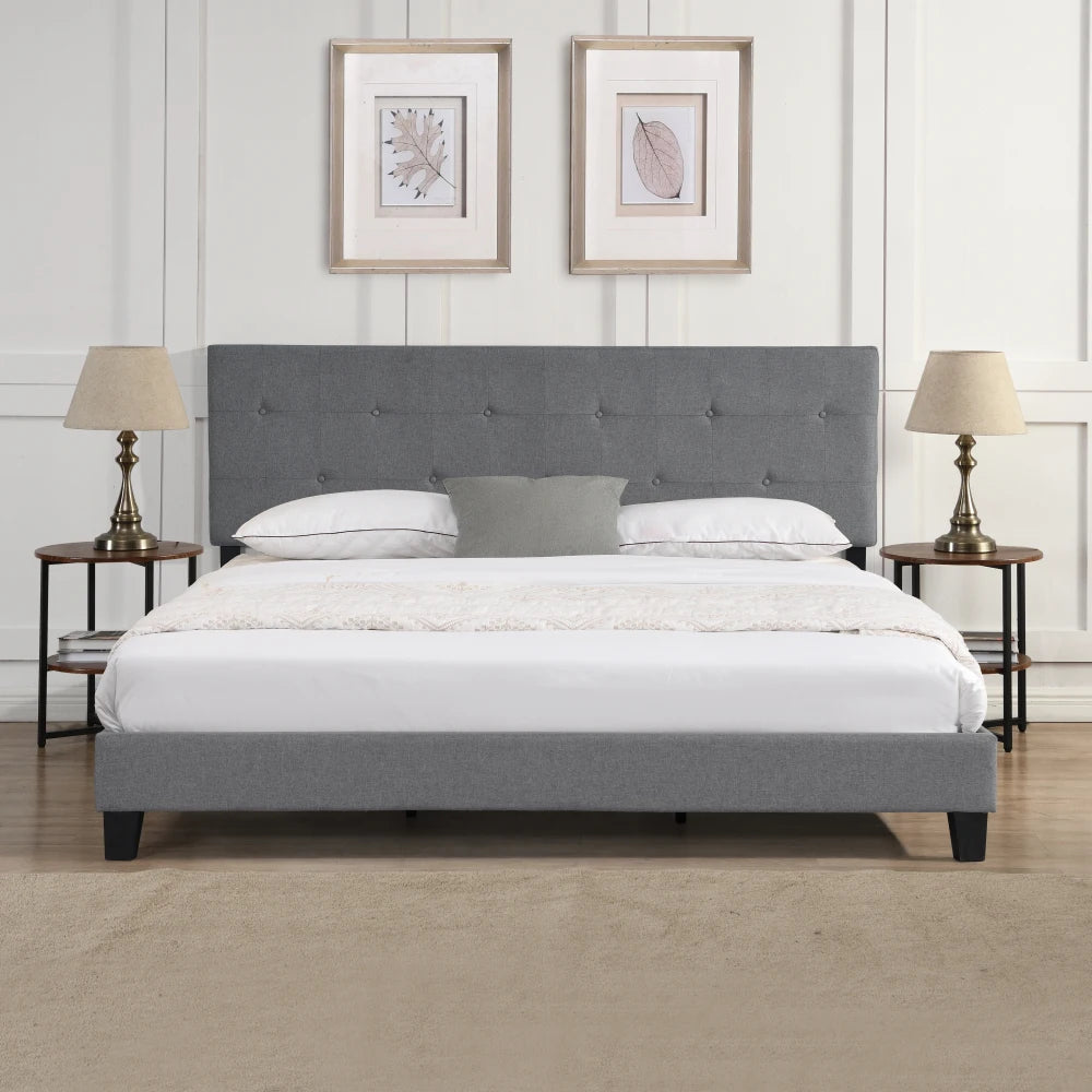 King Size Upholstered Platform Bed Frame: Button-Tufted Linen Headboard, No Box Spring, Wood Slat, Easy Assembly Gray