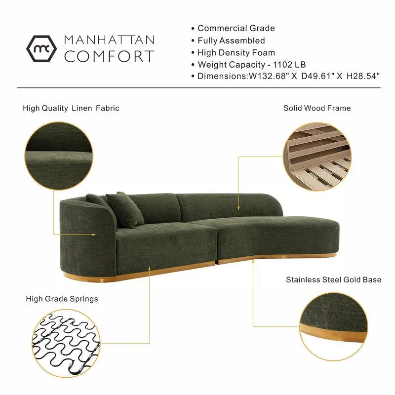 Contemporary Chenille Sofa Sectional with Cushions in Olive Green Color
