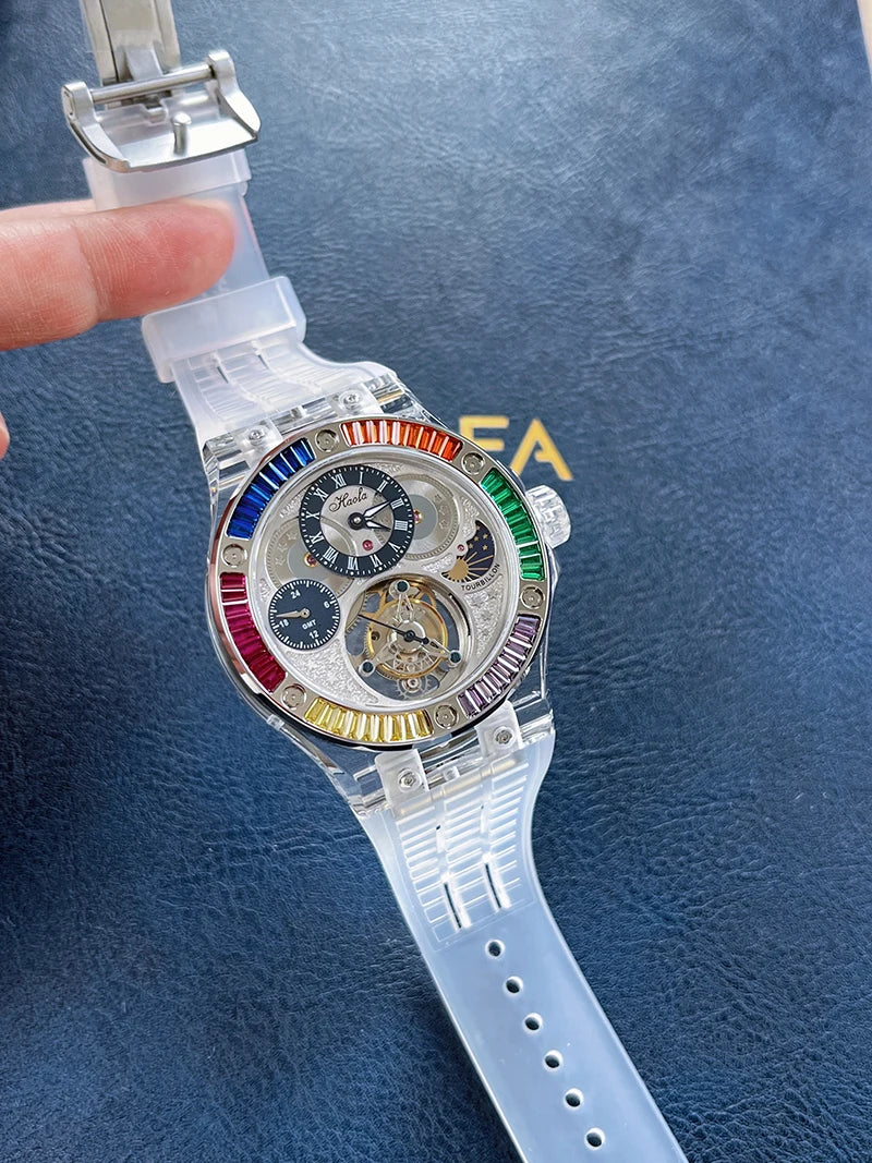 Haofa GMT Tourbillon Man Watch 2101 Luxury Rainbow Crystal Day And Night Manual Tourbillon Mechanical Men Watches Sapphire