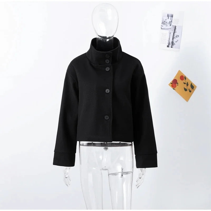 Urban Black Woolen Blend Coats Women Stand Collar Single-breasted Long Sleeve Thick Warm Jacket 2025 Autumn Winter Lady Outwear