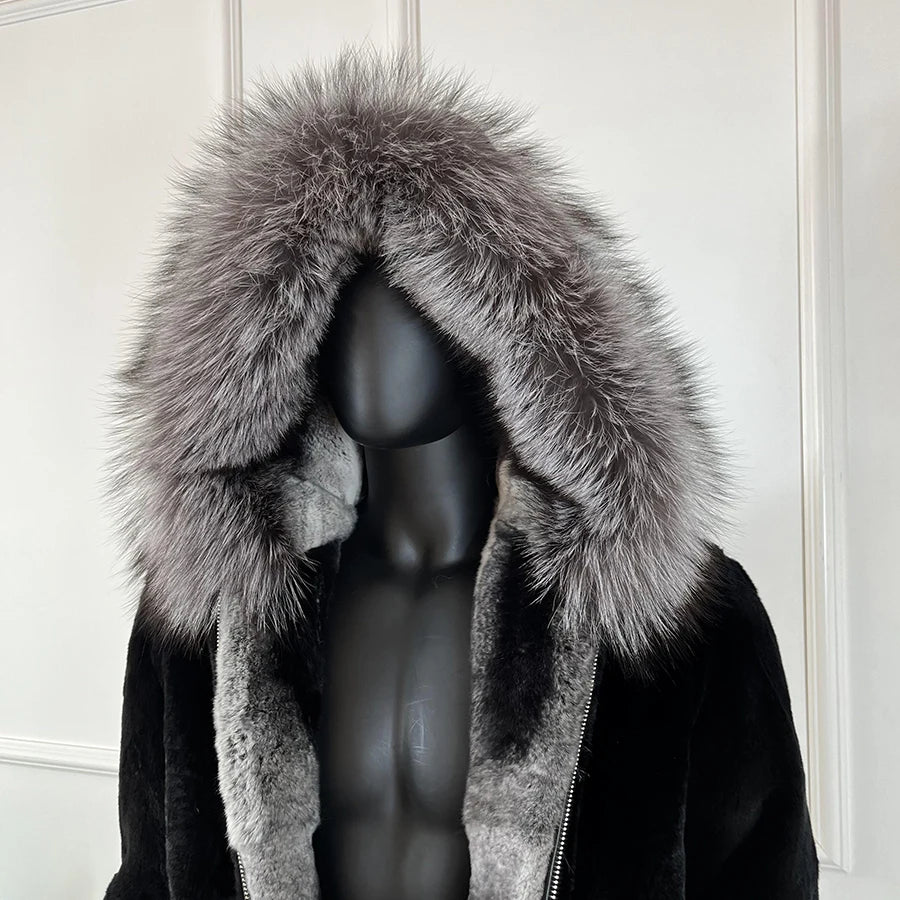 Men Rabbit Fur Coat Winter Short Real Rex Rabbit Fur Jacket With Hood Black Fur Coats Chinchilla Fur